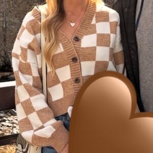 Vici Tan and White Checkered Cardigan